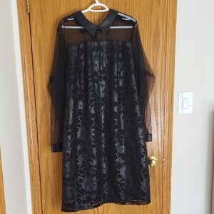 Eloquii Black Sheer Lace Midi Dress with Collar